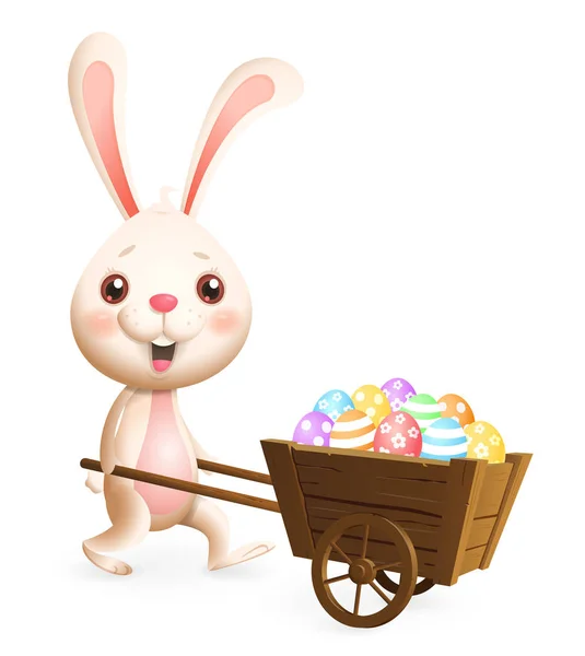Easter Bunny Carrying Cart Colorful Decorated Easter Eggs Isolated White — Stock Vector