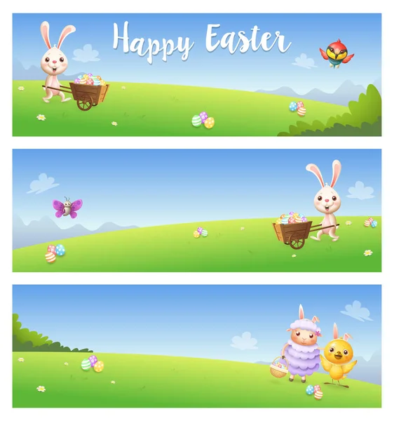 Easter Banners Cute Animals Bunny Chicken Lamb Butterfly Bird Spring — Stock Vector