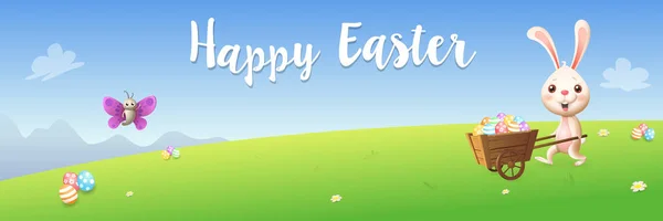 Osterbanner Hase Und Schmetterling Mit Tragekorb Jagd Eier Frühling Landschaft — Stockvektor