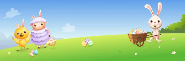 Easter Bunny Chicken Lamb Hunting Eggs Spring Landscape Background Banner — Stock Vector