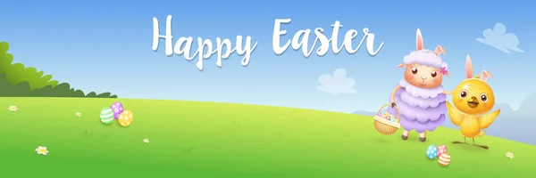 Wielkanoc Życzeniami Banner Kurczak Jaja Polowania Baranka Wiosna Krajobraz Tło — Wektor stockowy