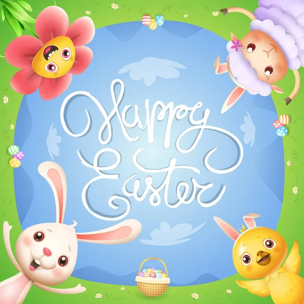 Easter Greeting Card Bunny Chicken Flower Lamb Spring Landscape Easter — Stock Vector