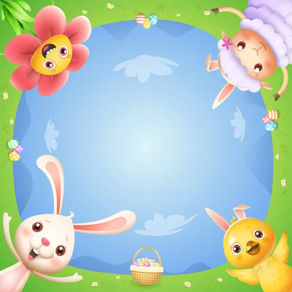 Easter Bunny Chicken Flower Lamb Spring Landscape Easter Eggs Celebrate — Stock Vector