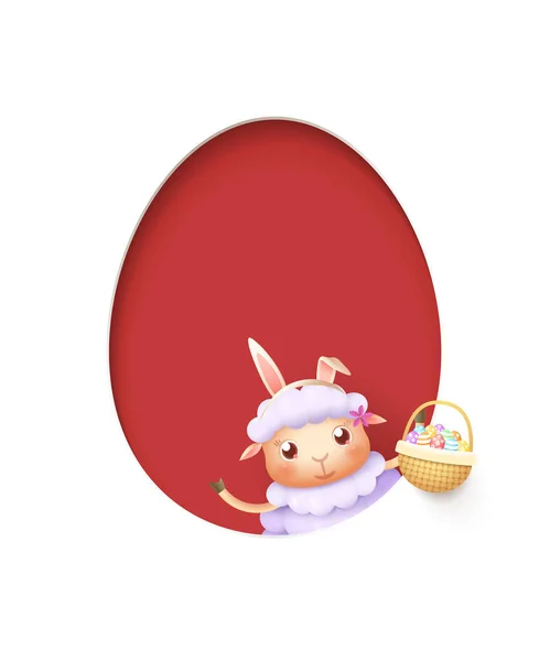 复活节羊肉在一个鸡蛋形状的红色洞与篮子装满装饰的蛋 查出在白色 — 图库矢量图片