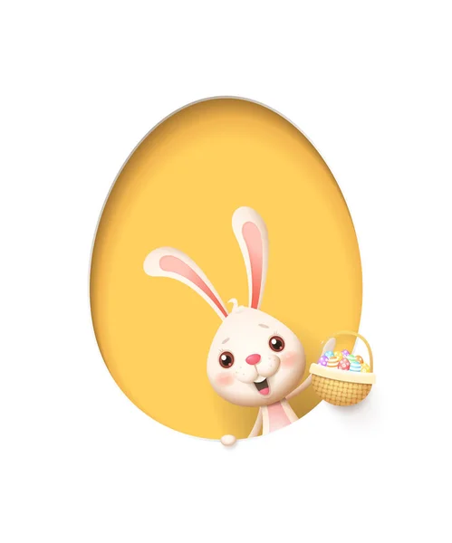 复活节兔子在一个鸡蛋形状的黄色洞与篮子装满了装饰的鸡蛋 查出在白色 — 图库矢量图片