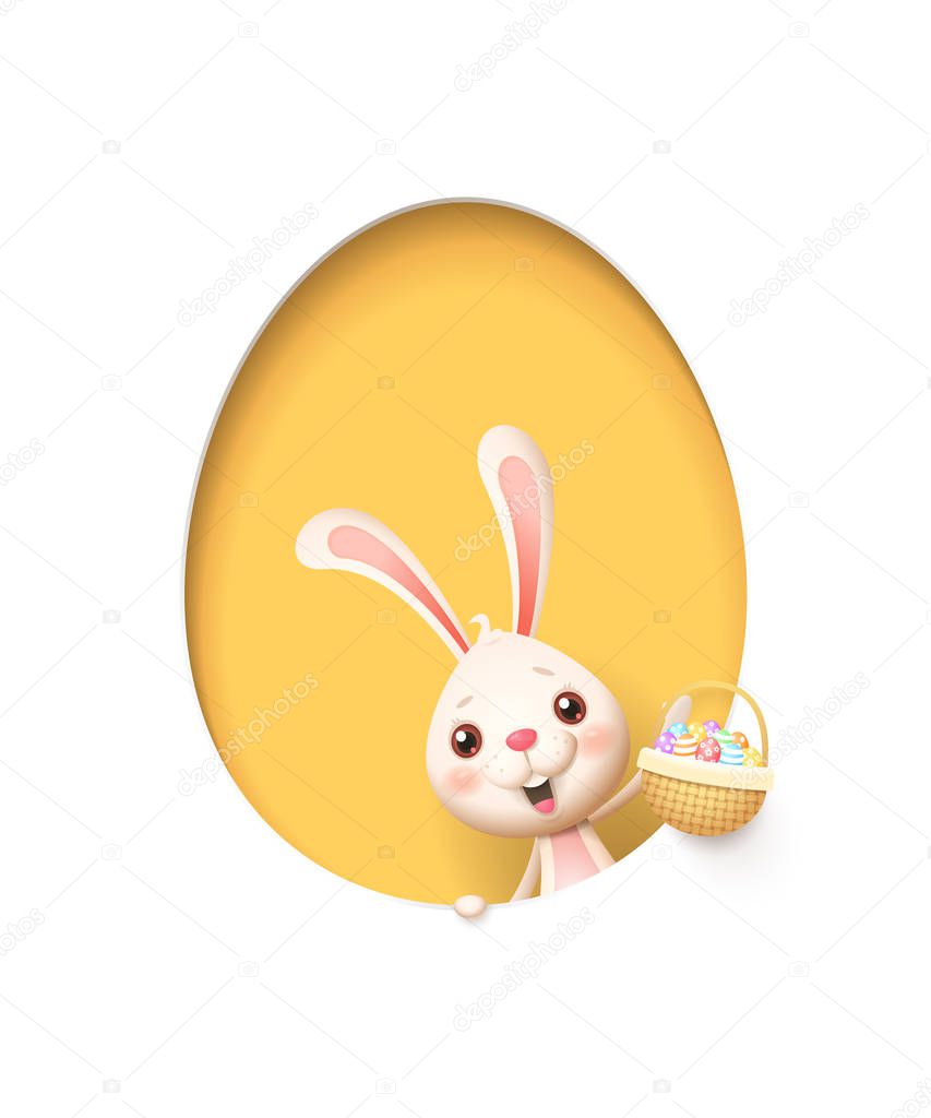 Easter bunny in a egg shaped yellow hole with a basket filled with decorated eggs - isolated on white