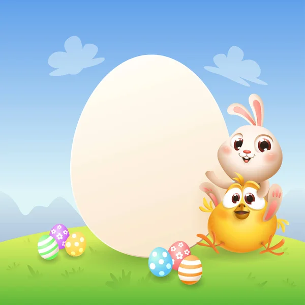 可爱的婴儿复活节兔子和鸡与鸡蛋形状板 模板在风景背景 — 图库矢量图片
