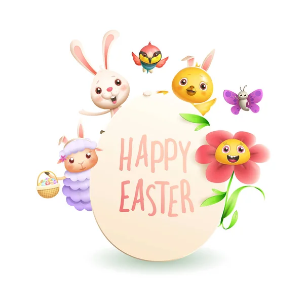 Easter Greeting Card Animal Characters Egg Shape Celebrate Easter Isolated — Stock Vector