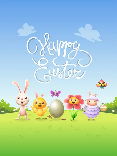 Happy Easter Poster Cute Happy Animals Bunny Chicken Broken Egg — Stock Vector