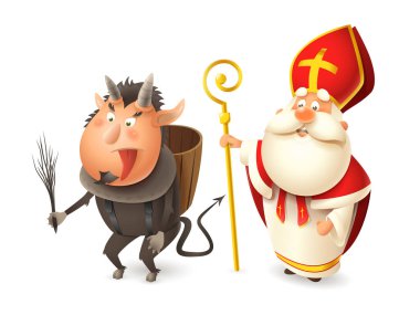 Saint Nicholas or Sinterklaas and Krampus - Central European traditional characters - isolated on white clipart