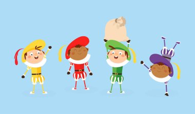Dört Zwarte Piet Sinterklaas yardımcıları - vektör illüstrasyon beyaz izole