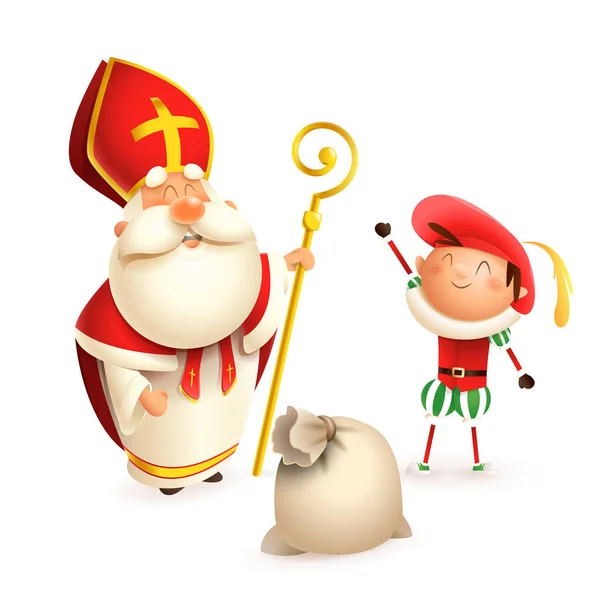 Saint Nicolas Assistant Zwarte Piet Avec Sac Cadeau Isolé Sur — Image vectorielle