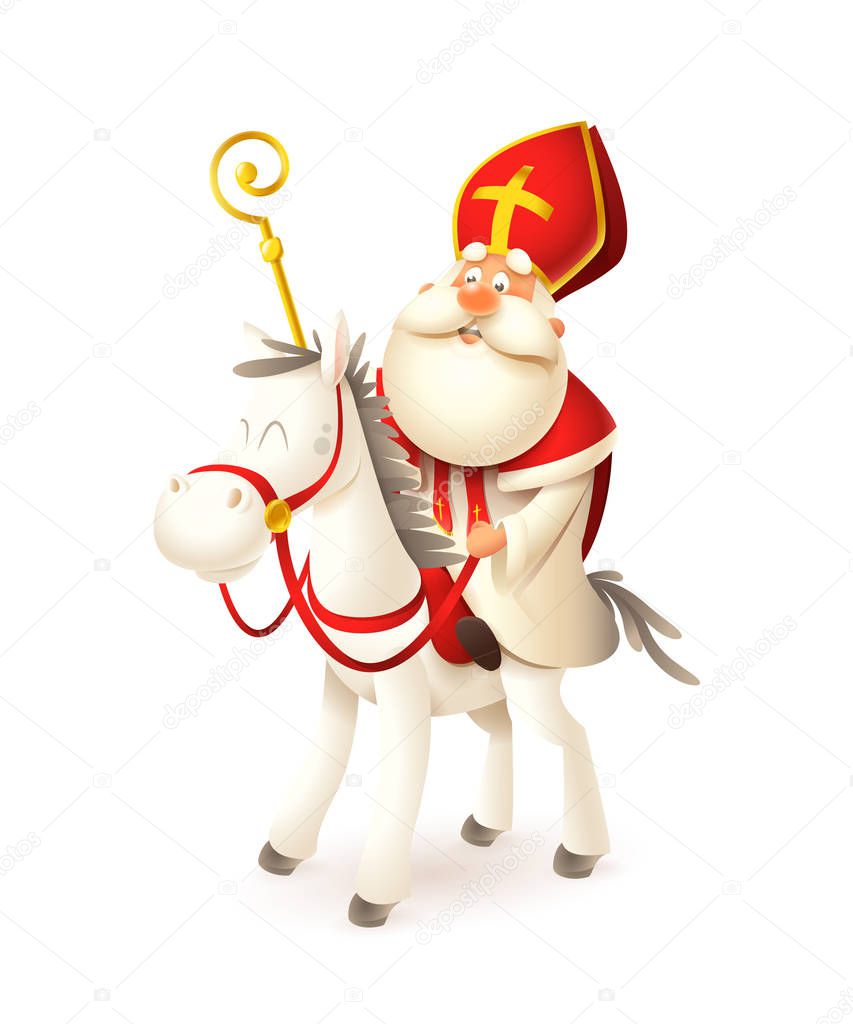 Saint Nicholas on white horse - Sinterklaas and Amerigo vector illustration isolated on white