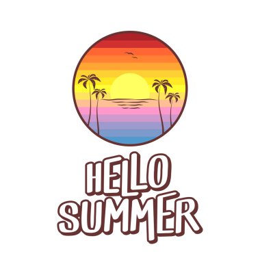 Merhaba yaz logosu ve metin illüstrasyon - plajda yaz gün batımı
