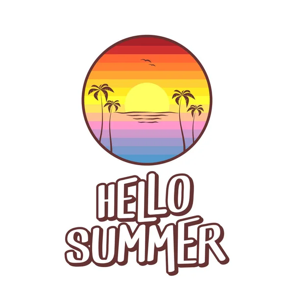 Hello Summer Logo Tekst Illustratie Zomer Zonsondergang Het Strand — Stockvector