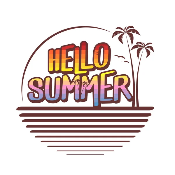 Hello Summer Logo Sommar Solnedgång Stranden Vektor Illustration — Stock vektor