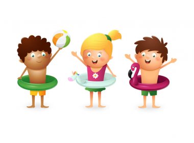 Mutlu çocuklar yüzme yardımları ile yaz kutlamak - beyaz arka plan üzerinde izole