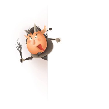 Tahtanın sol tarafında Krampus - mutlu sevimli karakter tatil Krampusnacht kutlamak - vektör illüstrasyon beyaz izole