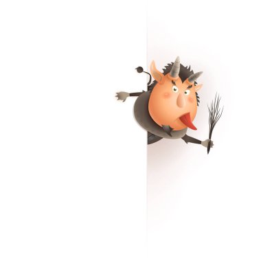 Tahtanın sağ tarafında Krampus - mutlu sevimli karakter tatil Krampusnacht kutlamak - vektör illüstrasyon beyaz izole