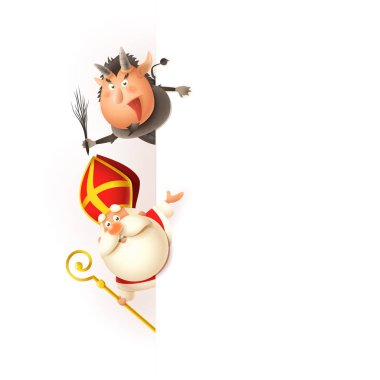 Saint Nicholas ve Krampus tahtanın sol tarafında - Orta Avrupa geleneksel karakterler - vektör illüstrasyon beyaz izole