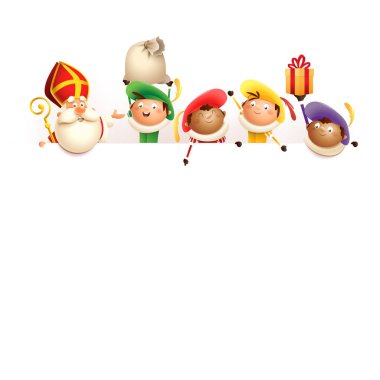 Saint Nicholas ve gemide yardımcıları - mutlu sevimli karakterler Hollanda tatil kutlamak - vektör illüstrasyon beyaz izole