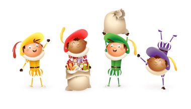 Saint Nicholas veya Sinterklaas yardımcıları - mutlu sevimli renkli Hollandalı geleneksel karakterler - Zwarte Piet vektör illüstrasyon beyaz izole