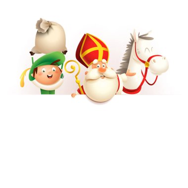 Saint Nicholas or Sinterklaas horse and helper Zwarte Piet on board - happy cute characters celebrate Dutch holiday - vector illustration isolated on white clipart