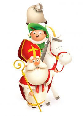 Sinterklaas, onun yeşil yardımcısı ve beyaz at hediyeler teslim - vektör illüstrasyon beyaz arka plan izole