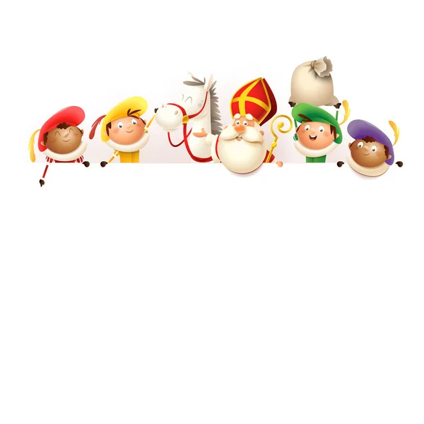 Sinterklaas Caballo Amerigo Ayudantes Bordo Felices Personajes Lindos Celebran Fiesta — Vector de stock