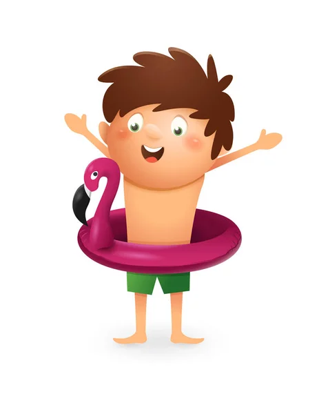 フラミンゴの水泳フロートを持つ子供は 彼の夏休みを楽しんで — ストックベクタ