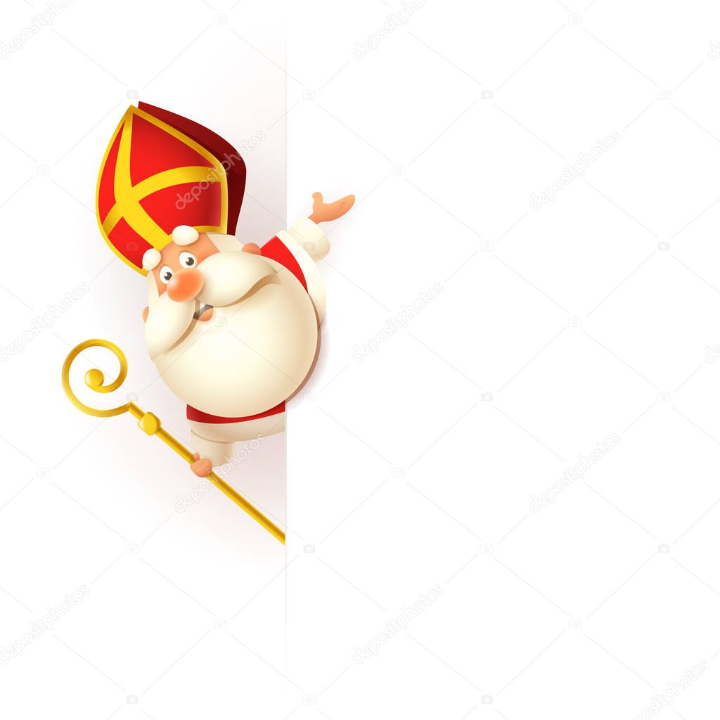 Saint Nicholas on left side of board - happy cute character celebrate holiday - vector illustration isolated on white