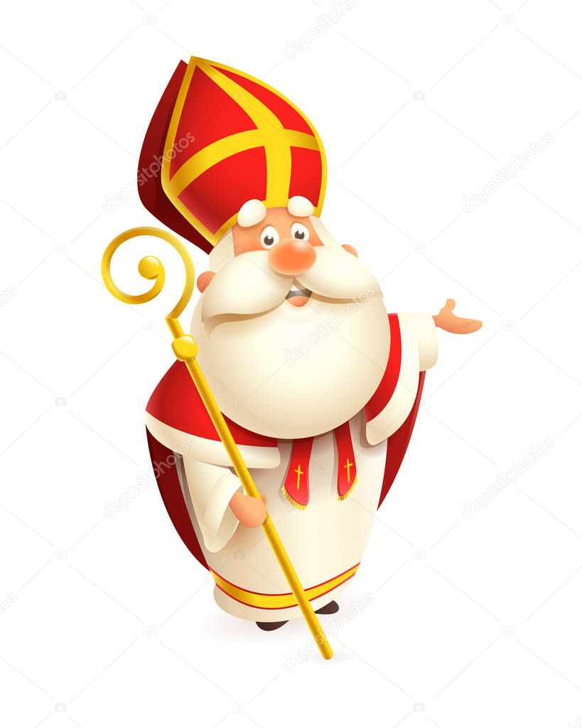Cute Saint Nicholas with gold scepter presents - vector illustration isolated on white background