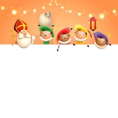 Saint Nicholas ve Zwarte Piets Hollanda tatilkutlamak - ışıklar ile turuncu arka plan - vektör illüstrasyon