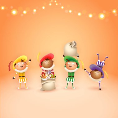 Dört Hollandalı Sinterklaas yardımcıları - tatil kutlamak - ışıklar ile orang arka plan vektör illüstrasyon