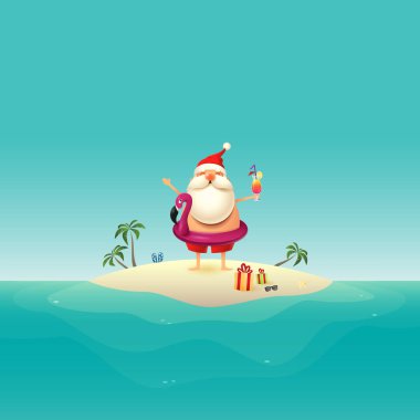 Noel Baba şişme flamingo şamandıra ile okyanusta kumlu adada
