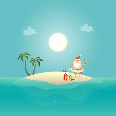 Unicorn yüzme halkası ile Noel Baba kumlu adada yaz kutlamak - Haziran arka planda Noel