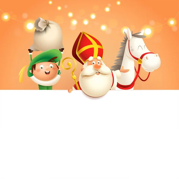 San Nicolás Sinterklaas Caballo Ayudante Bordo Felices Personajes Lindos Celebran — Vector de stock