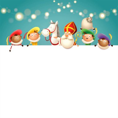 Saint Nicholas onun atı ve gemide yardımcıları - mutlu sevimli karakterler Hollanda tatil kutlamak - vektör illüstrasyon turkuaz arka plan ışıkları ile