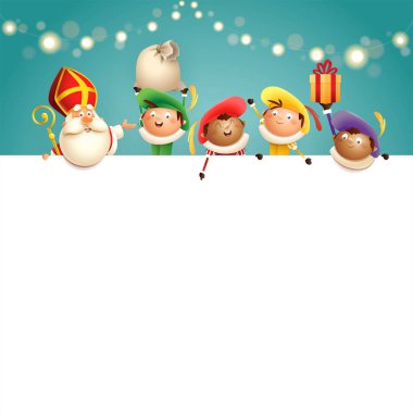 Saint Nicholas ve yardımcıları Zwarte Piets gemide - mutlu sevimli karakterler Hollanda tatil kutlamak - ışıklar ile turkuaz arka plan vektör illüstrasyon