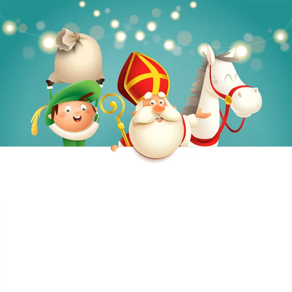 Cheval Aide Saint Nicolas Sinterklaas Bord Joyeux Personnages Mignons Célèbrent — Image vectorielle