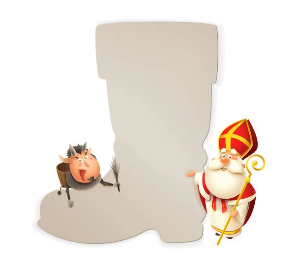 Sinterklaas Krampus Met Boot Poster Sjabloon Geïsoleerd Witte Achtergrond Vector — Stockvector