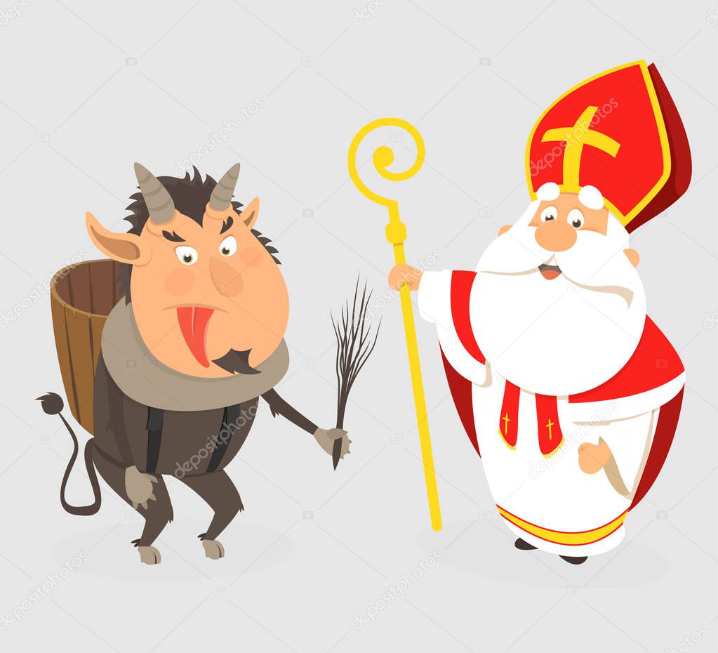 Krampus and Saint Nicholas - cartoon style isolated - vector illustration