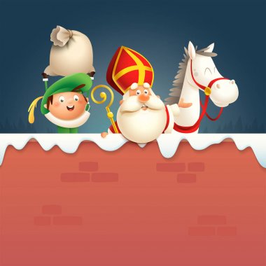 Saint Nicholas veya Sinterklaas at ve yardımcı Pete gemide - mutlu sevimli karakterler kış duvarında Hollanda tatil kutlamak - vektör illüstrasyon