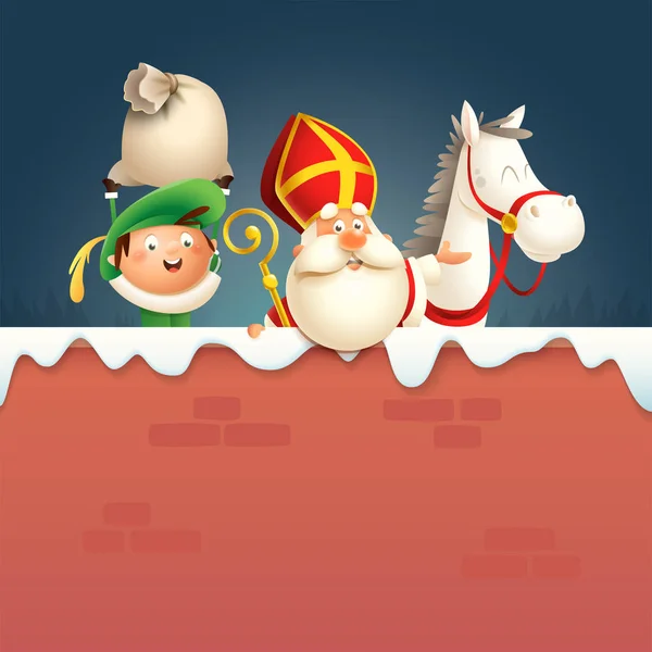 Saint Nicolas Sinterklaas Cheval Aide Pete Bord Joyeux Personnages Mignons — Image vectorielle