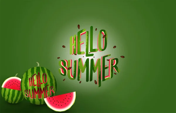 Hello Summer Banner Text Skärning Från Realistiska Vattenmelon Vektor Illustration — Stock vektor