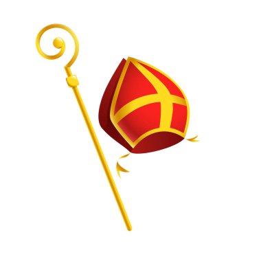 Saint Nicholas or Sinterklaas attributes mitre and golden crosier stick - isolated on white background clipart