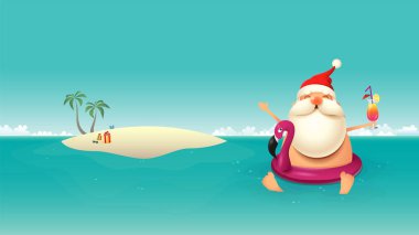 Flamingo şamandıra ve kumlu adada Noel Baba ile Noel yaz arka plan - vektör illüstrasyon