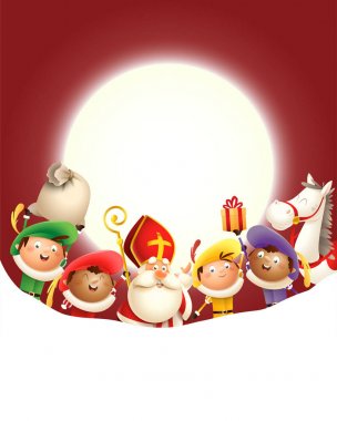Saint Nicholas ve arkadaşları Zwarte Piets ay önünde tatil kutlamak - kopya alanı ile kırmızı arka plan