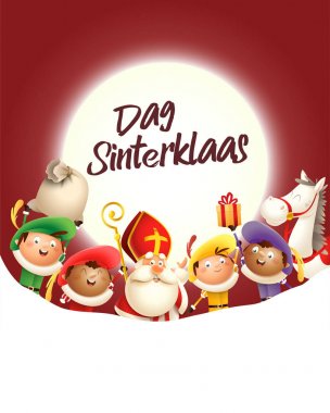 Saint Nicholas ve arkadaşları ay önünde tatil kutlamak - Dag Sinterklaas - kopya alanı ile kırmızı arka plan