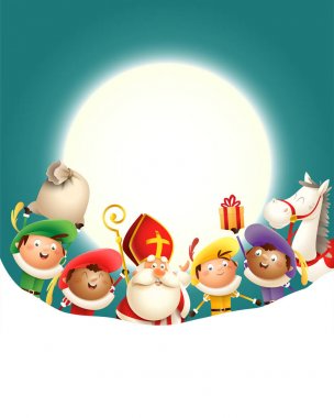 Saint Nicholas Sinterklaas ve arkadaşları Zwarte Piets ay önünde tatil kutlamak - kopya alanı ile turkuaz arka plan